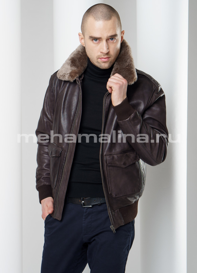 Кожаная куртка на резинке модель № KP-219 универмаг малина