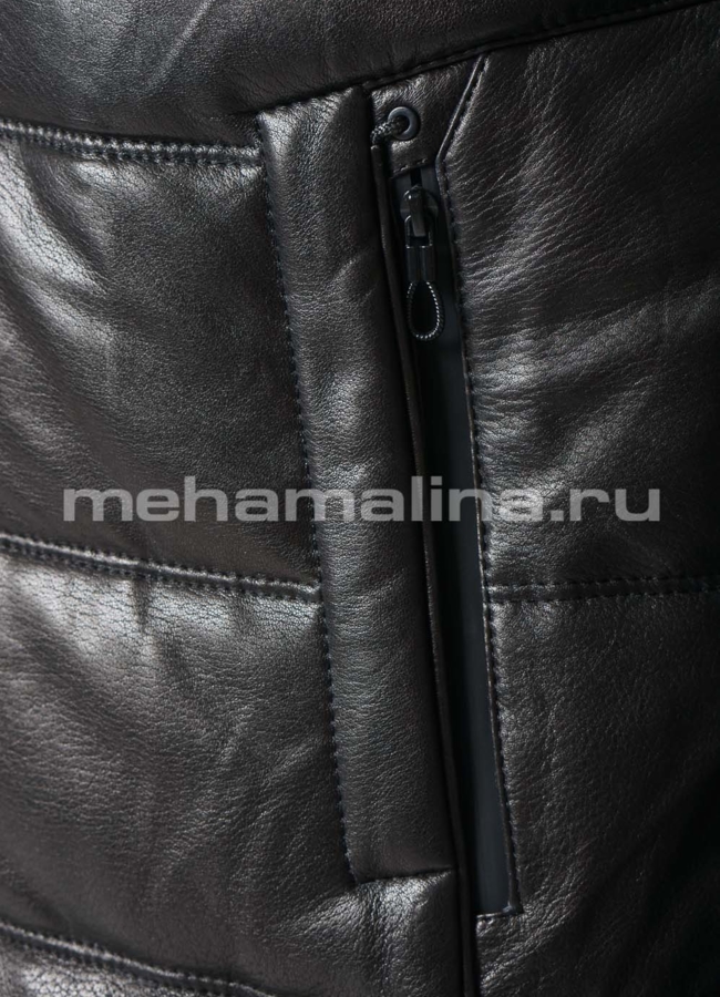 Пуховик из натуральной кожи на пуговицах с английским воротником модель № ПМ-105 универмаг малина