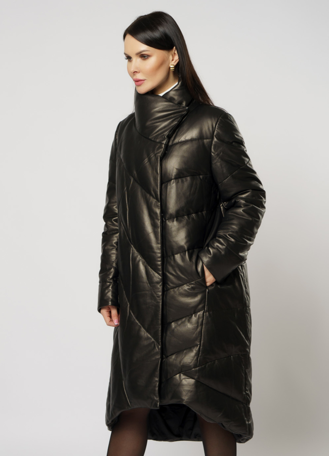 Черный кожаный пуховик на молнии со стойкой модель № 7209 универмаг малина