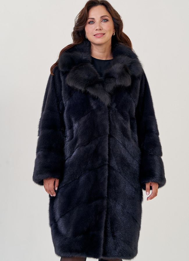 Удлиненная шуба из норки в цвете графит с отделкой из куницы модель № 23093 универмаг малина