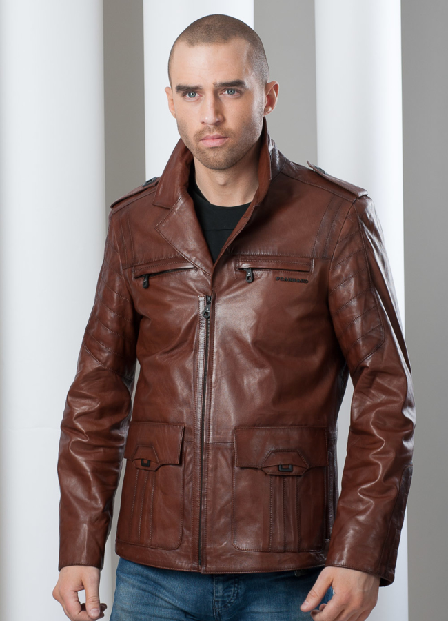 фото Куртка кожаная на молнии, английский воротник, цвет коричневый модель № KP-35