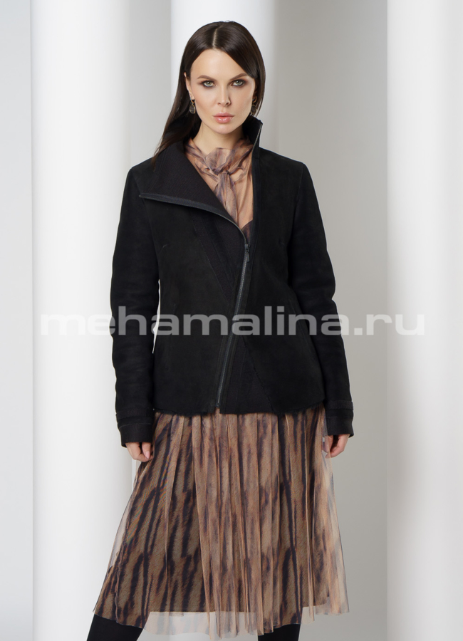 фото Укороченная дубленка черного цвета  модель № 10199