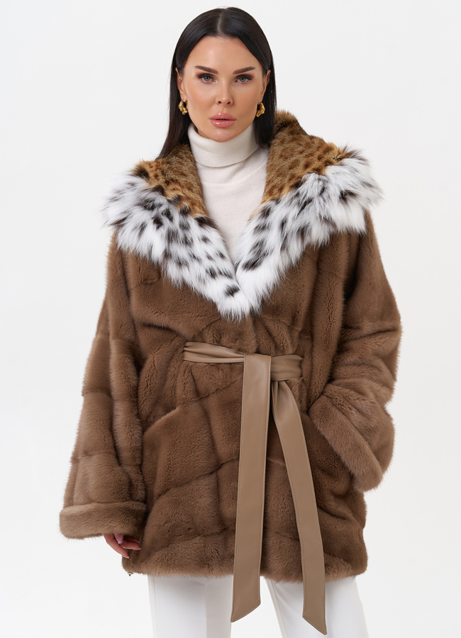 Короткая шуба из норки с рысью модель № 29523 универмаг малина