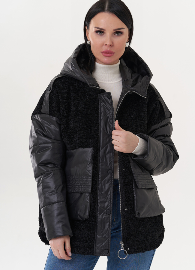Женская куртка с капюшоном в черном цвете модель № 26615 универмаг малина