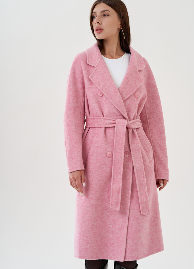 Пальто удлиненное в розовом цвете с поясом модель № 81424 универмаг малина Пальто удлиненное в розовом цвете с поясом модель № 81424 универмаг малина