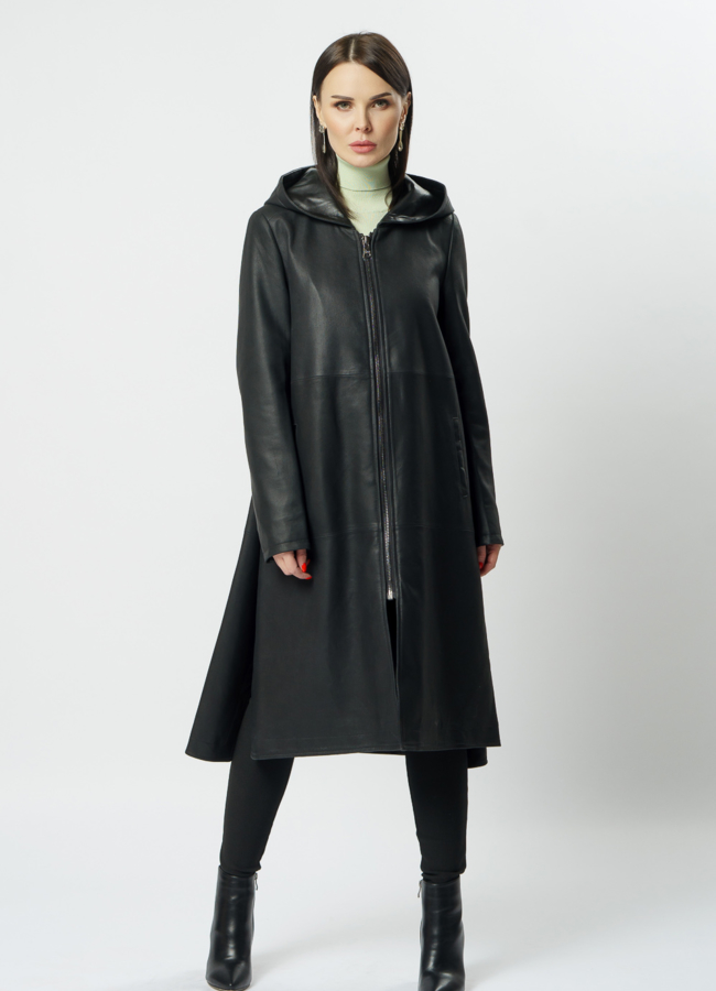 фото Пальто с капюшоном из натуральной кожи  модель № 10711