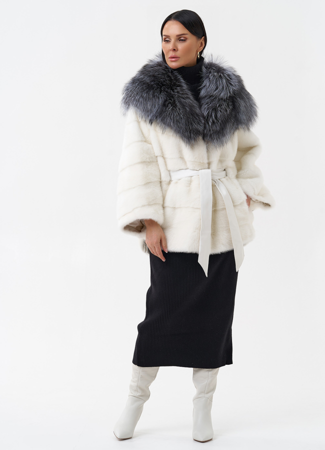 фото Белая норковая шуба с капюшоном из чернобурки модель № 29262