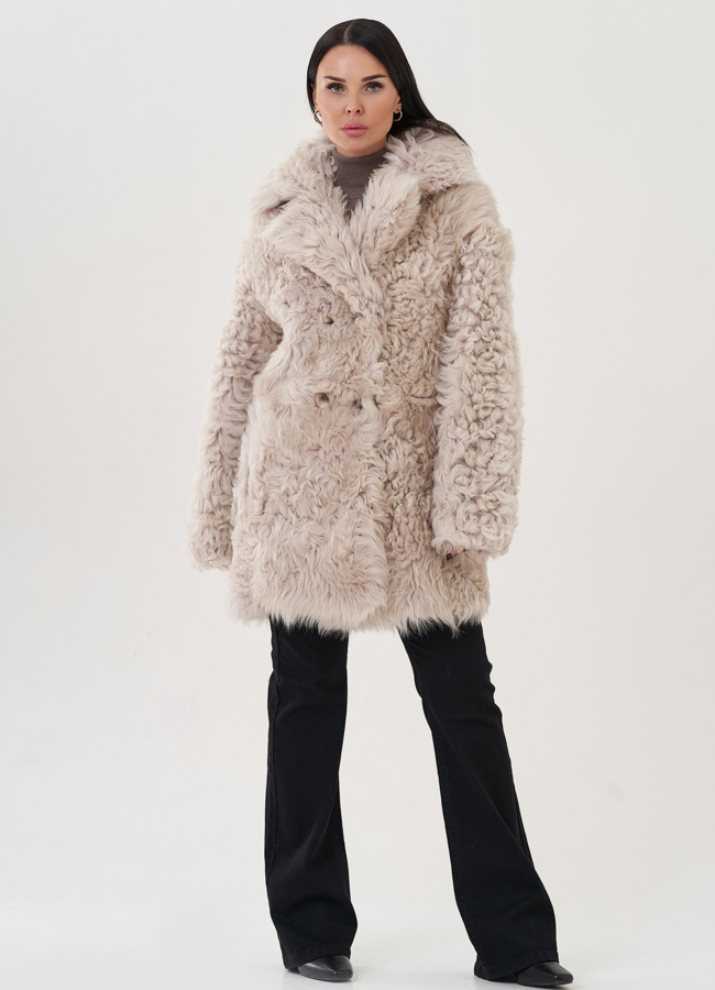 Двухсторонняя женская дубленка с английским воротником  модель № 26041 меха малина