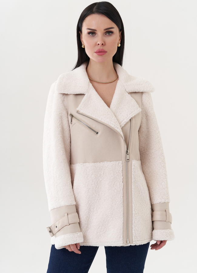 Светлая комбинированная эко дубленка модель № 26735 меха малина