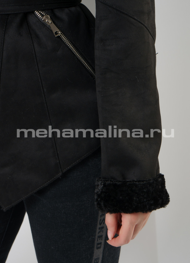 Дубленка эко черного цвета на молнии с капюшоном модель № 9196 универмаг малина