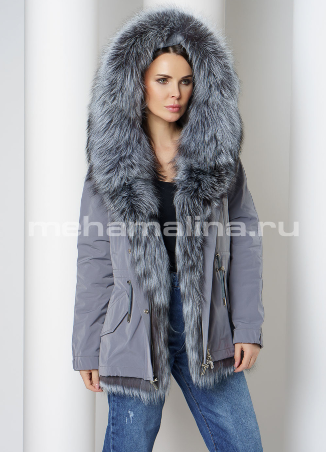 Укороченная парка с капюшоном отделка чернобурка  модель № 17018 меха малина