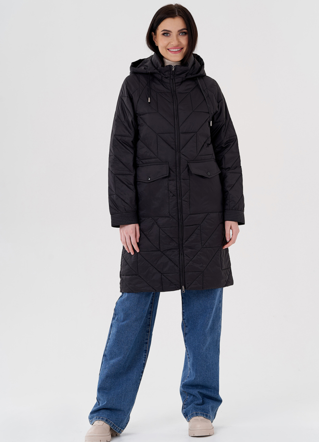 Женское полупальто с капюшоном черного цвета  модель № 24332 меха малина