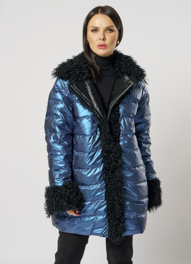 Двусторонний пуховик на молнии с английским воротником модель № 133 меха малина