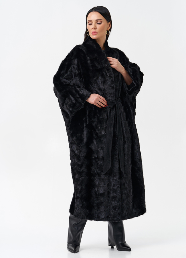 Длинная шуба из норки модель № 29064 меха малина