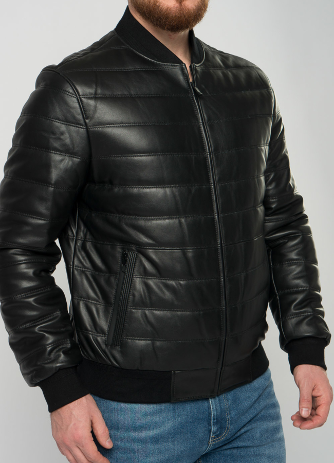 Мужская утепленная куртка-бомбер из натуральной кожи  модель № 18500 универмаг малина