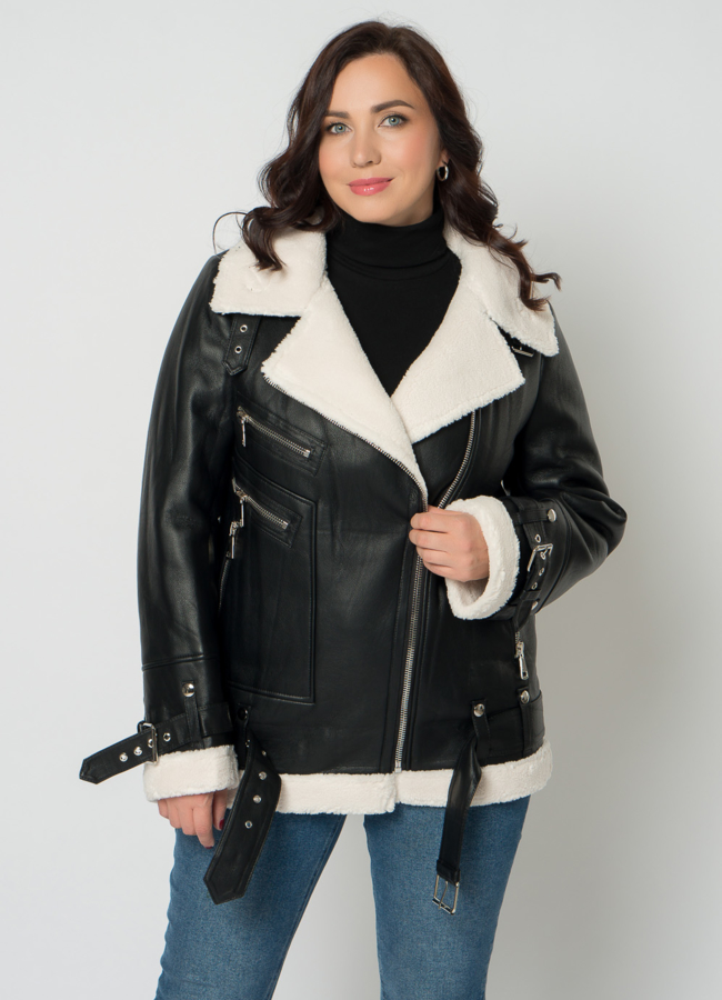 Дубленка пилот из эко кожи в черном цвете модель № 18284 меха малина