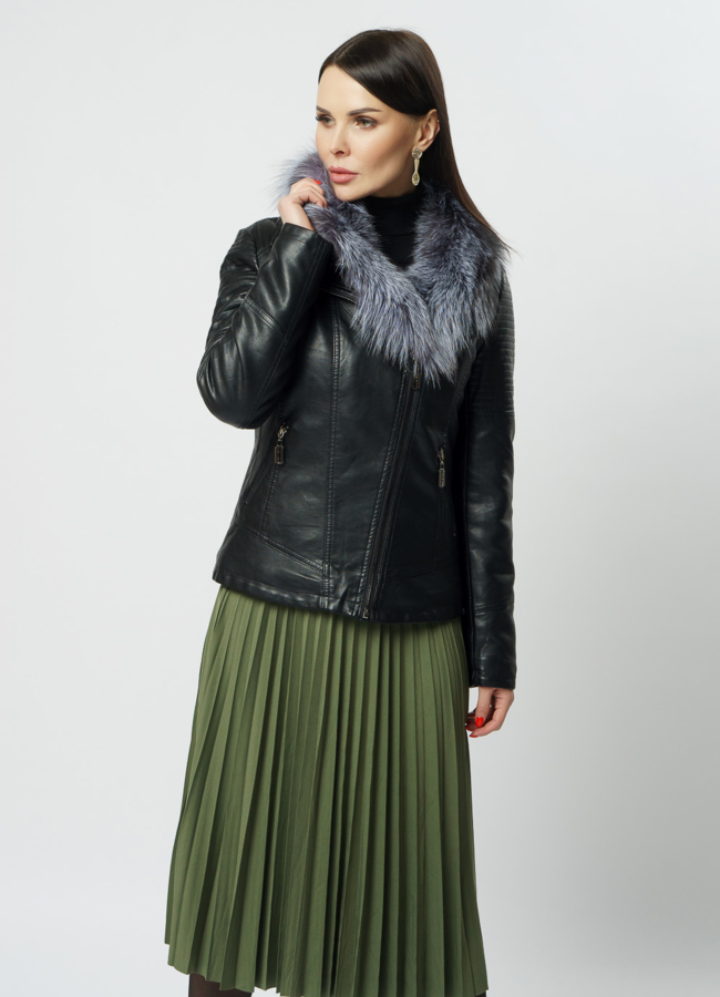 Куртка черная из эко кожи с отделкой чернобурка модель № 18238 универмаг малина