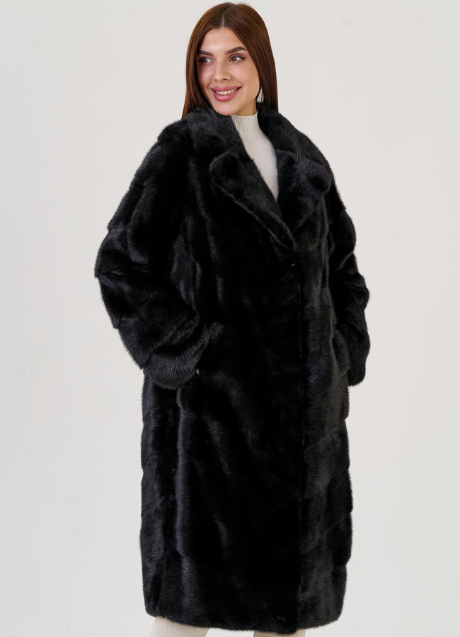 Длинная шуба из норки с английским воротником модель № 80031 меха малина