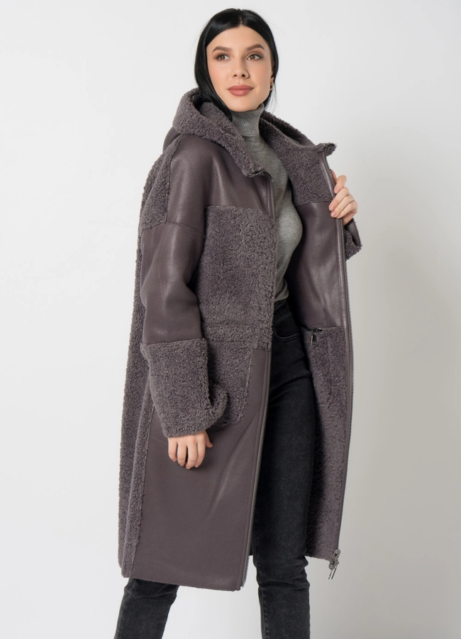 Дубленка из эко кожи комбинированная модель № 9762-1 меха малина
