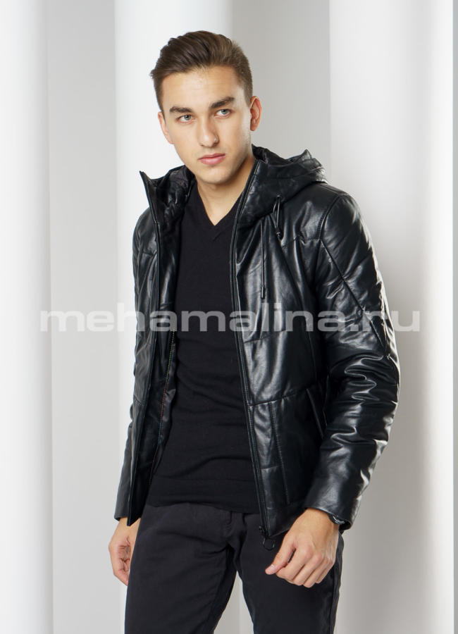 Кожаная куртка  модель № KP-227 меха малина