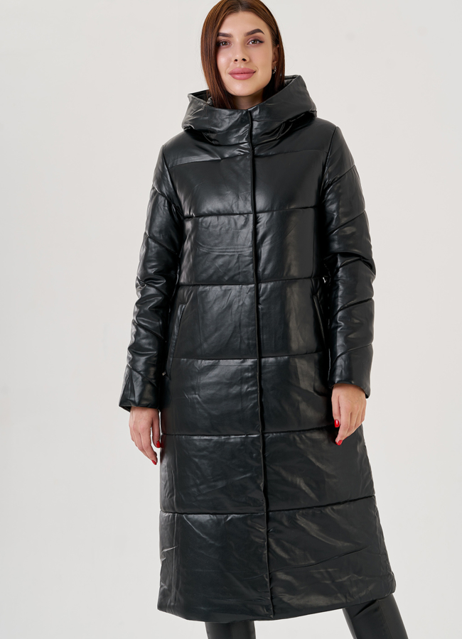 Длинный пуховик из эко кожи Malina Siberian модель № 79128 универмаг малина