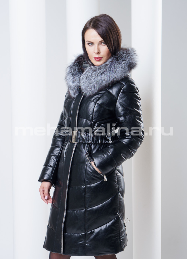 фото Пуховик из экокожи с чернобуркой модель № П-33