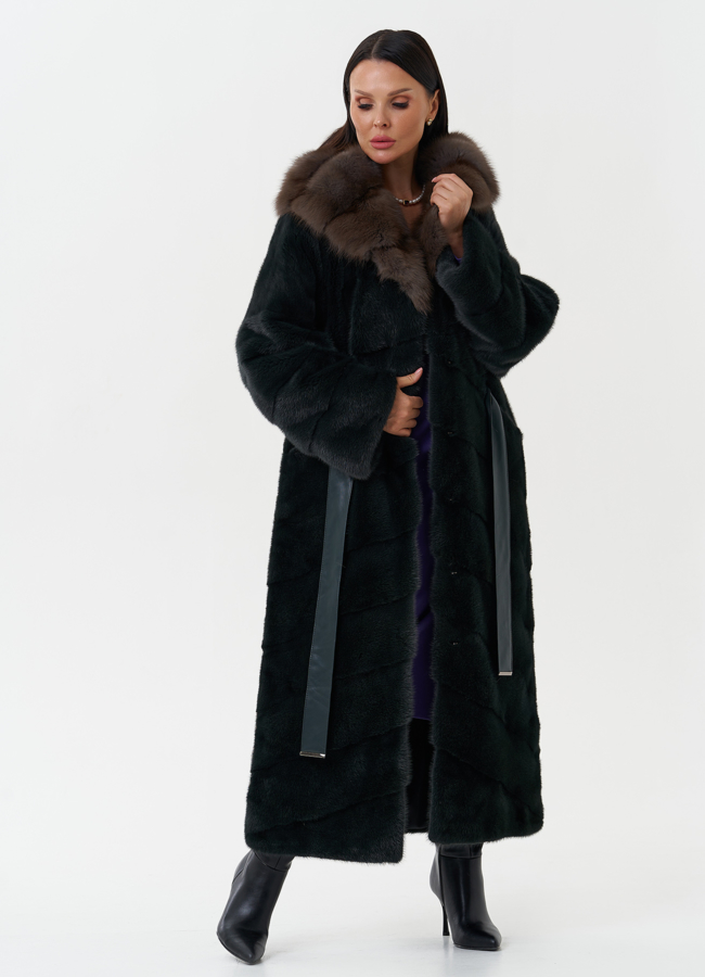 Длинная норковая шуба с капюшоном из куницы модель № 27849 универмаг малина
