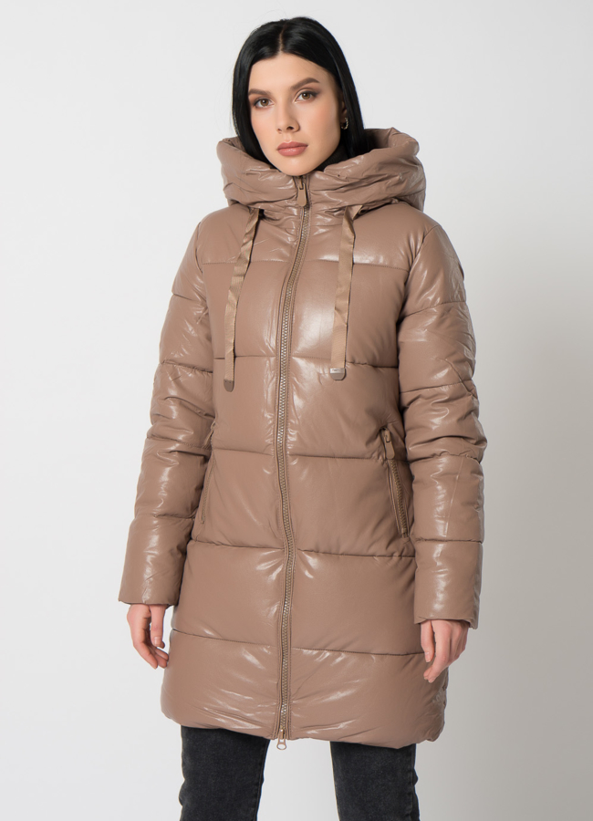 Пуховик из эко кожи с капюшоном модель № 2123 универмаг малина