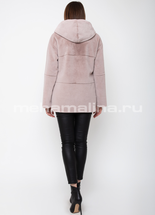 фото Эко шуба бежевого цвета с капюшоном модель № 778