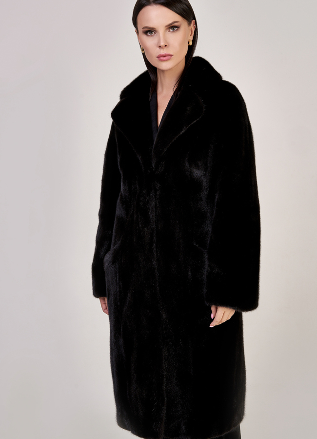 Норковая шуба в черном цвете прямая с английским воротником  модель № S-841 в рассрочку
