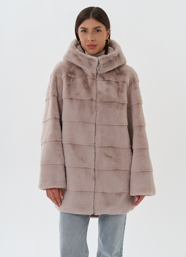 фото Женское пальто из эко меха с капюшоном модель № 27744