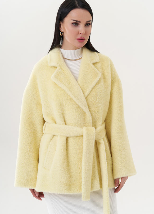 Укороченное пальто под пояс модель № 26784 в кредит