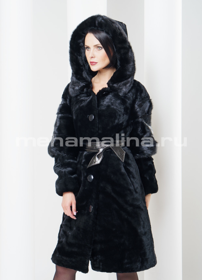 Шуба из муарового мутона, цвет черный модель № S-301 в рассрочку