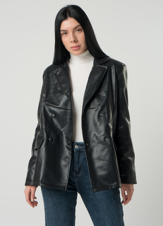 Женский пиджак черного цвета с поясом из эко кожи модель № 22408 универмаг малина