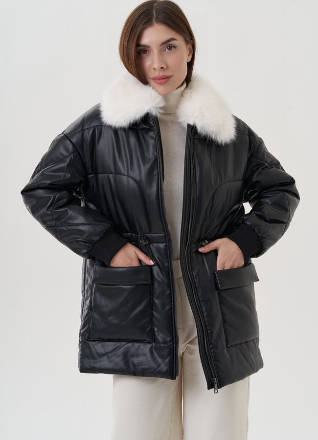 Куртка из искусственной кожи с отделкой из экомеха модель № 81869 меха малина