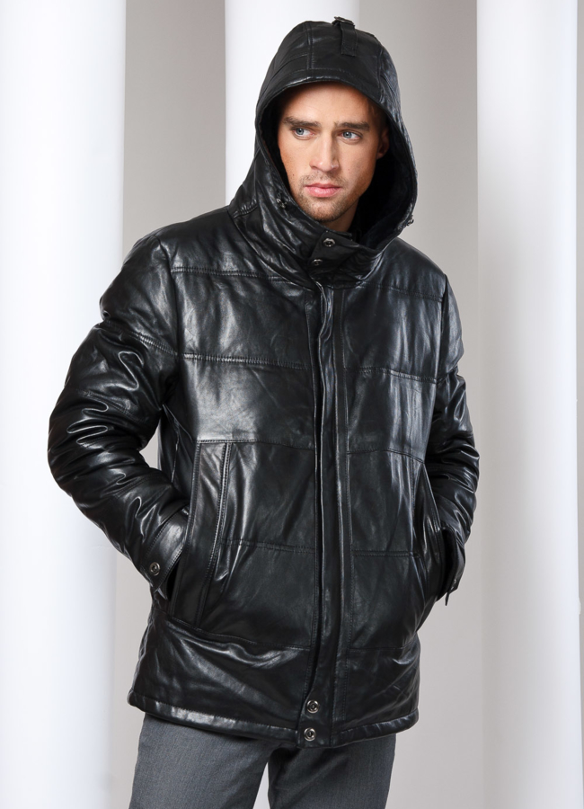 Кожаный пуховик с капюшоном. модель № ПМ-6 в кредит