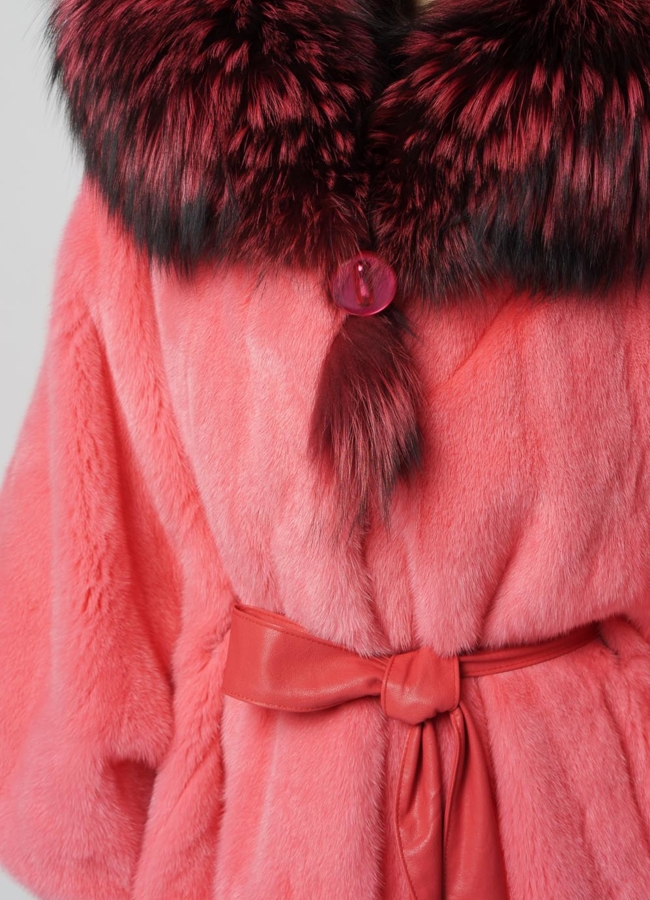 Укороченная норковая шуба с капюшоном в розовом цвете модель № 2012-8 в рассрочку