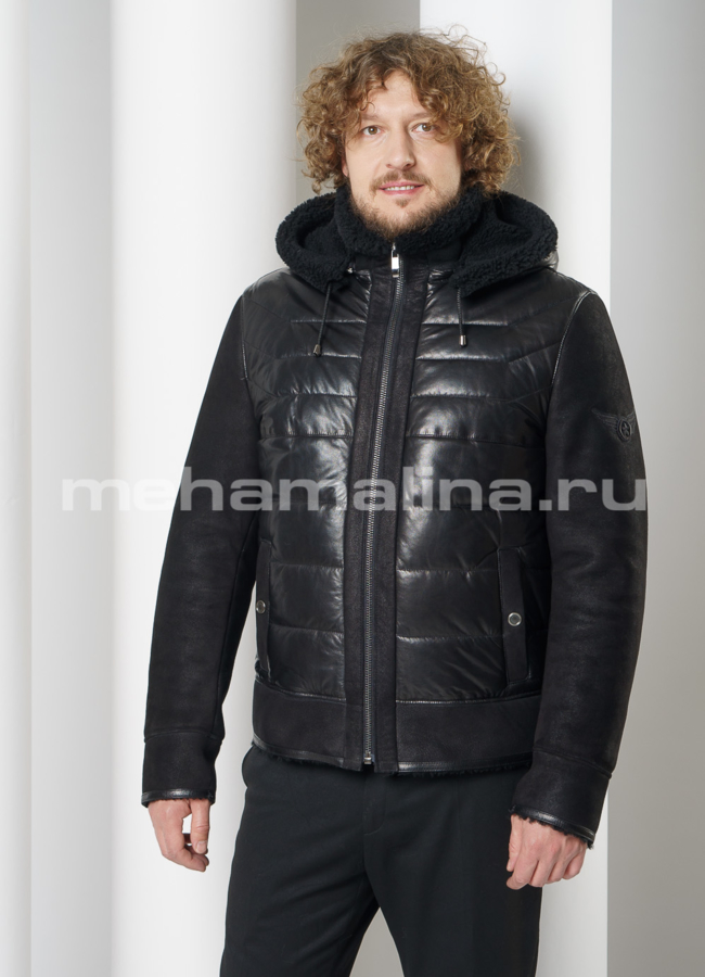 Куртка из натуральной кожи черного цвета модель № ПМ-109 меха малина