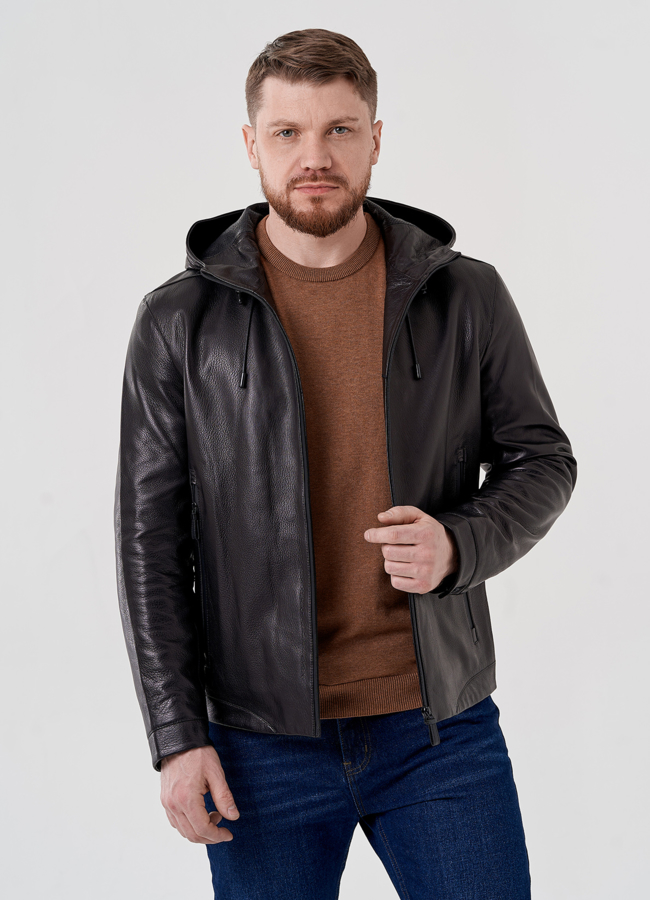 фото Кожаная куртка с капюшоном на молнии модель № 10980, 24371
