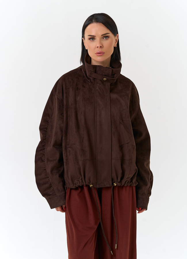 Женская куртка из эко замши с воротником стойкой модель № 33028 меха малина