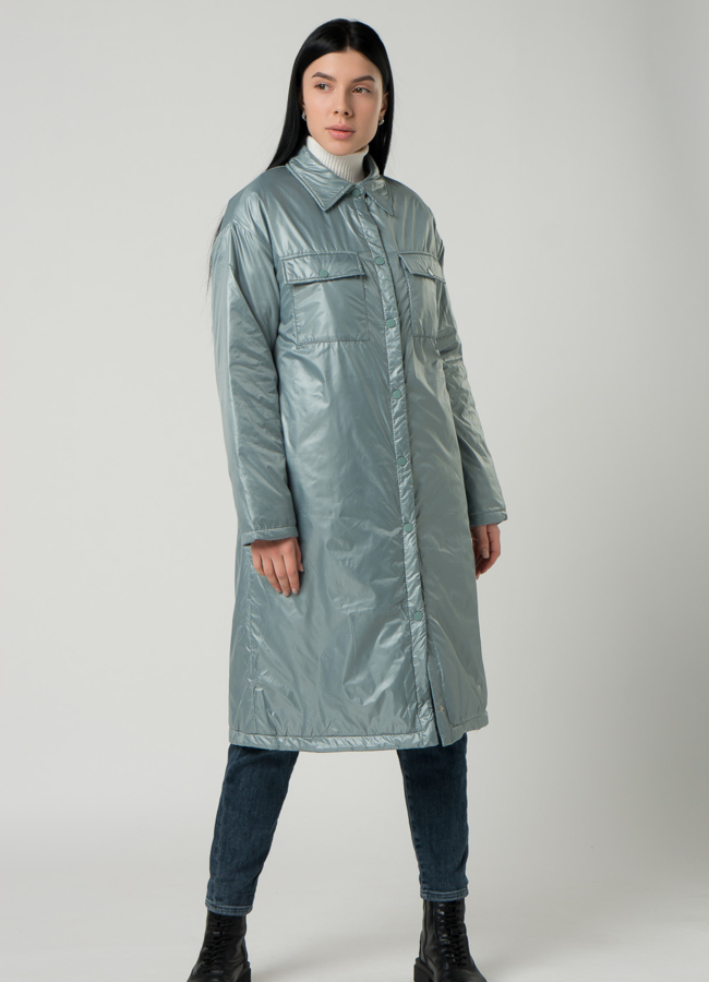 фото Женское пальто-рубашка светло-зеленого цвета с поясом модель № 22392