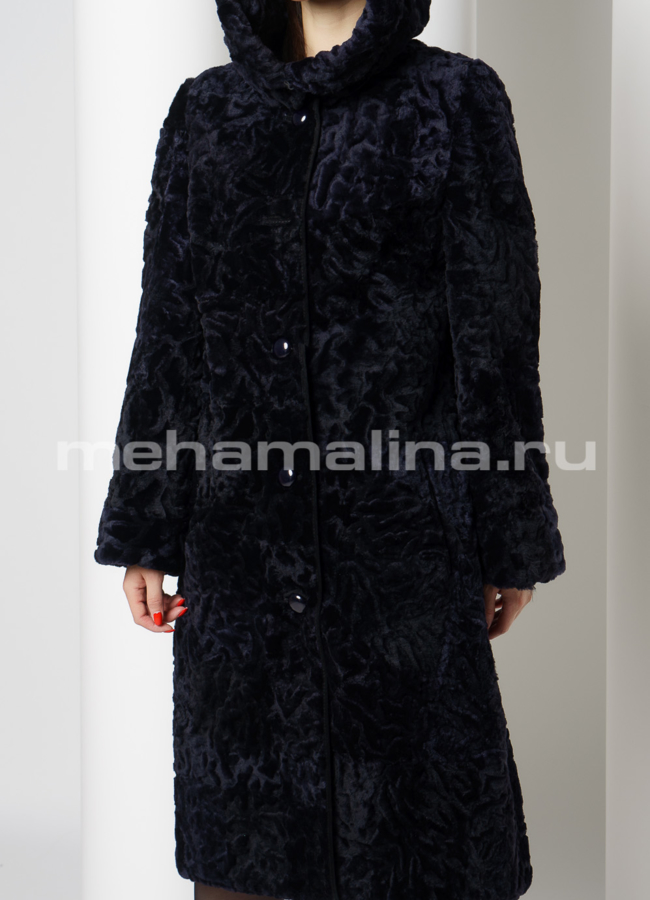 Мутоновая шуба расклешенная на пуговицах с капюшоном синего цвета модель № S-738 универмаг малина