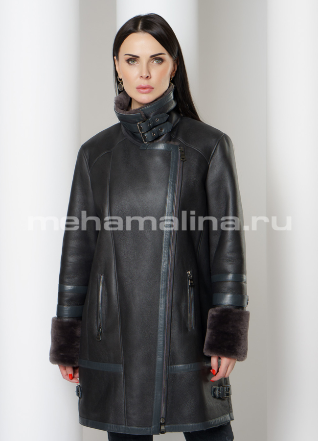 Женская дубленка пилот в черном цвете модель № 9040 меха малина