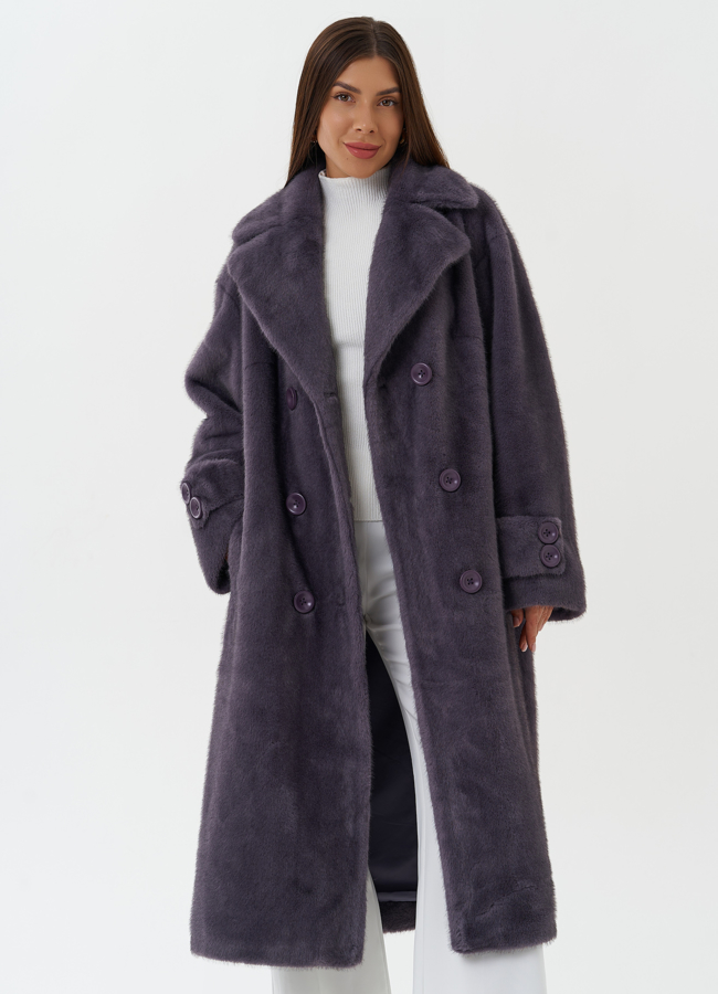 Длинное пальто из эко меха с поясом модель № 27797 универмаг малина