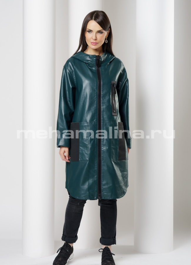 фото Плащ из эко кожи с капюшоном на молнии модель № 18015