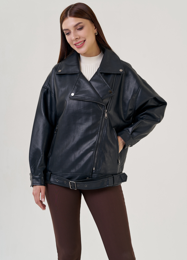 Женская куртка оверсайз из эко кожи в черном цвете модель № 22571 универмаг малина