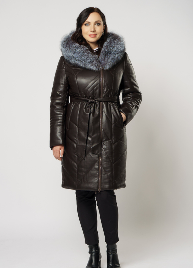 Пуховик из эко кожи с капюшоном на молнии модель № 18260 в кредит