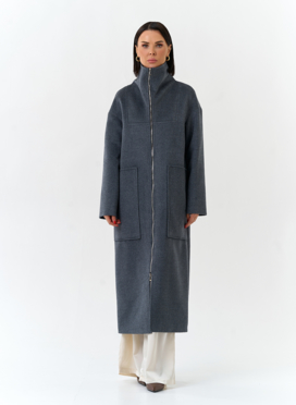 Женское длинное пальто с воротником стойкой