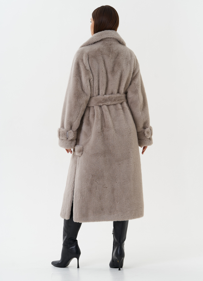 Пальто из экомеха с поясом  модель № 27796 в кредит