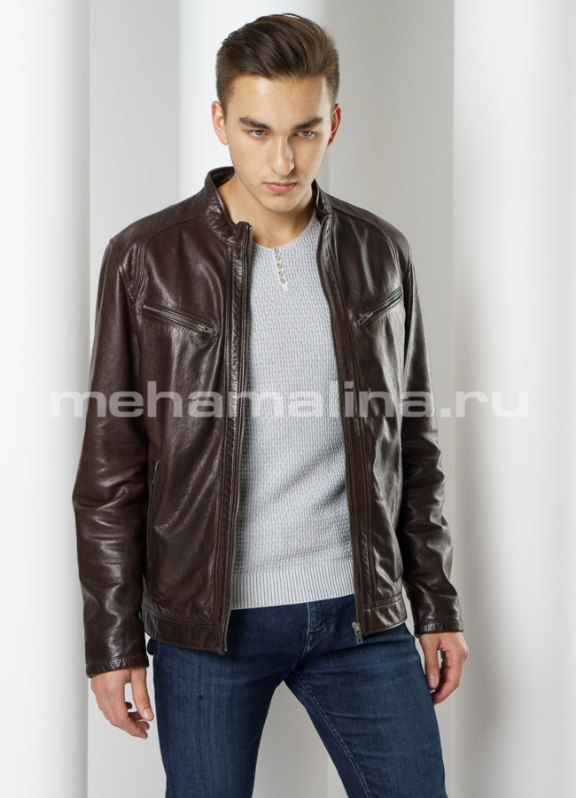Современная кожаная куртка  модель № KP-204 универмаг малина